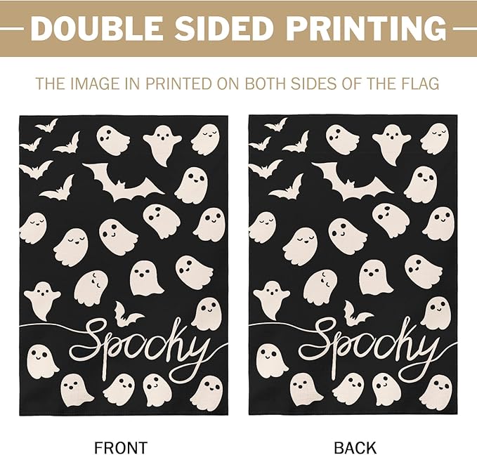 Cute Ghost Halloween House Flag 28x40 Inch Spoohy Black Cream Bat Scary Theme Halloween Holiday Decorative Garden Flags for Outside Double Sided Outdoor Home Farmhouse Decoration Yard Porch Decor