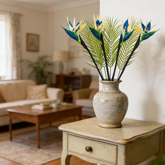 8 PCS Bird of Paradise Artificial Plant Combo Palm Leaves,4 Faux Bird of Paradise Plant with 4 Artificial Palm Leaves for Wedding Garden Office Home Indoor and Outdoor Decor(Blue)