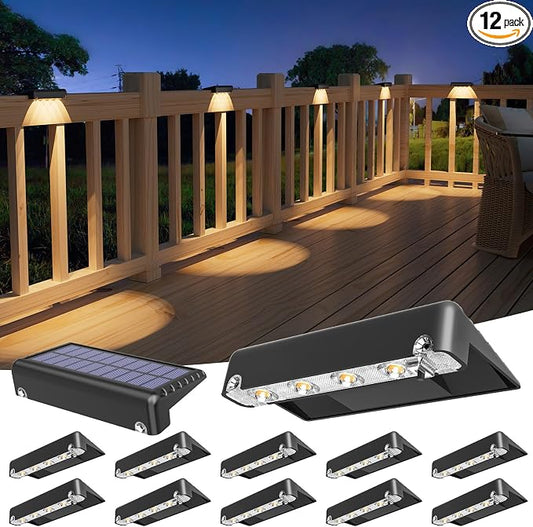 VOLISUN Solar Deck Lights 12 Pack, Warm White Glow LED Large Size Lamp, IP65 Waterproof Step Lights Outdoor for Deck, Step, Fence, Railing, Wall and Stairs (Black)