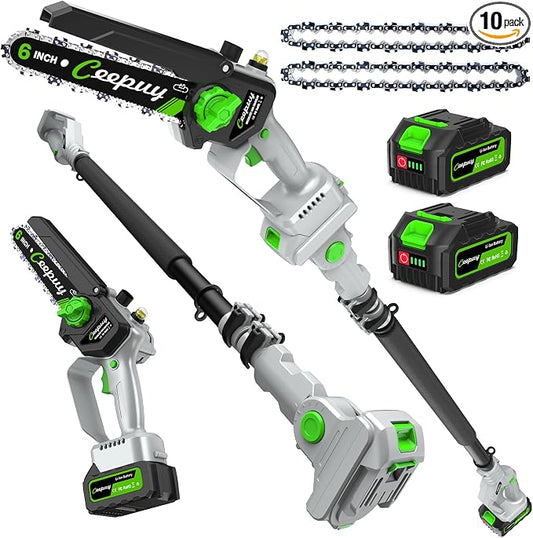 CEEPUY 2-in-1 Brushless Electric Pole Saws for Tree Trimming,6 Inch Cordless Mini Chainsaw with Extension Pole and 2 x 4000mAh Batteries, Pole Chain Saw Gift for Men Dad Husband Fathers Gardener 2026