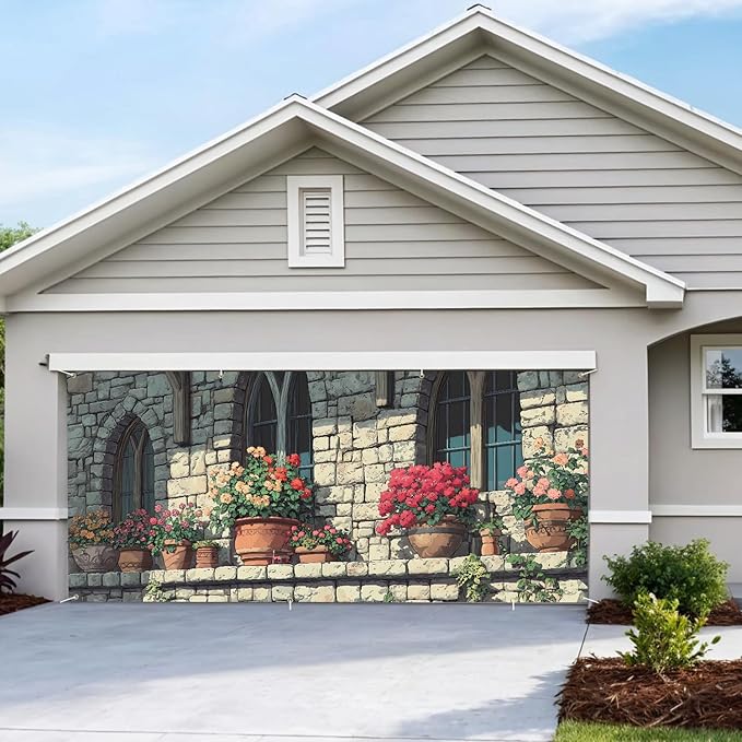 7 * 16FT Summer Garage Door Cover Decorations Sunset Palm Trees Garage Door Banner for Outdoor Indoor Summer Party Photography Backdrop (Flower pot-window, 6 * 13 ft)