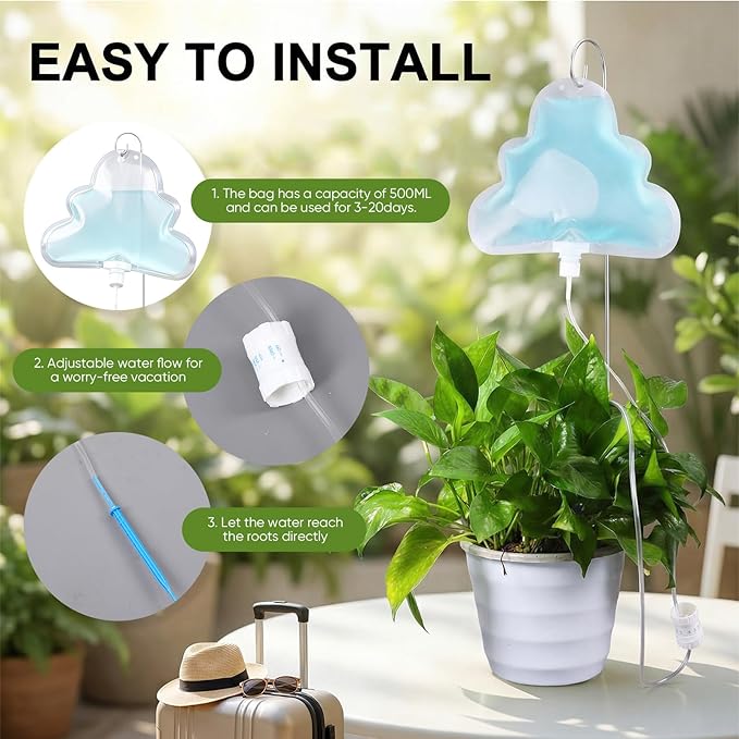 Zhengmy 12 Pcs 500ml Cloud Plant Self Watering Drip Water Bag with Flow Regulator, Automatic Plant Self Watering System with Drip Water IV Bag and Support Rod Stake for Potted Indoor Outdoor Waterer