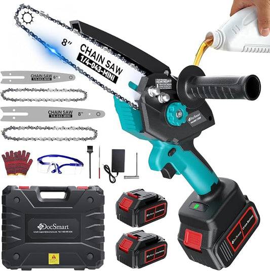 Mini Chainsaw with 1500W Brushless Motor, 2x 4000mAh Batteries 8 inch & 6 inch Handheld Small Chain Saw for Wood Cutting, Gardening Gifts for Father Dad Men