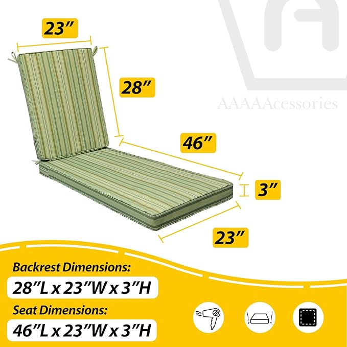 AAAAAcessories Outdoor Chaise Lounge Cushions, Fade-Resistant, Waterproof Patio Furniture Replacement Cushions, 74" x 23" x 3", Mossy Forest Stripe