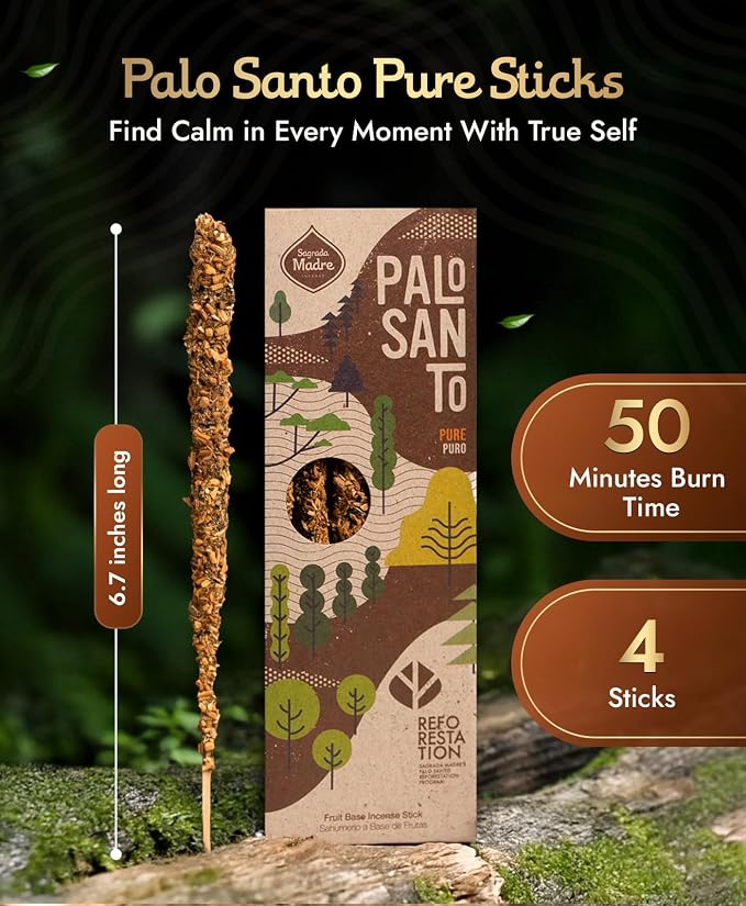 Sagrada Madre 4pcs Wildly Harvested Palo Santo Incense Sticks, 6.7” Long - Pure, Non-Toxic, Aromatic Incense Sticks (50 min Approx. Burning Time) to Heal & Calm Your Body and Environment