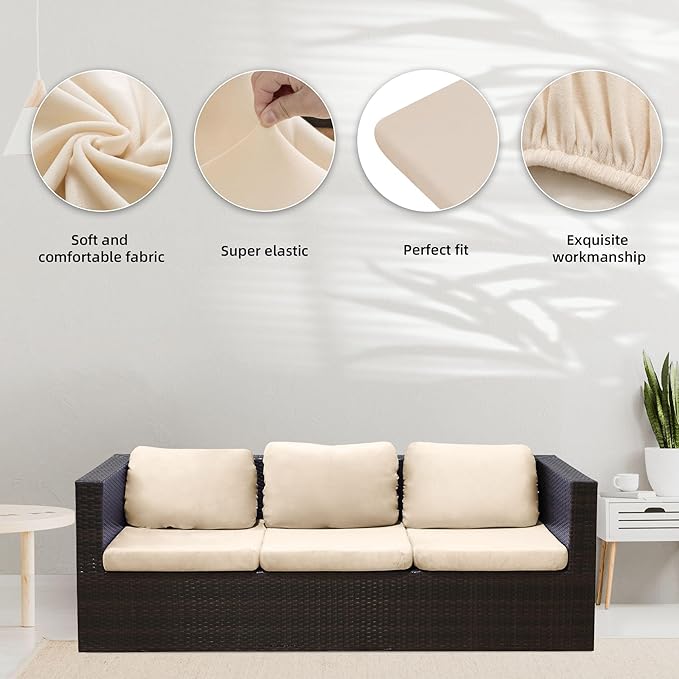 BIETYONE 8Pcs Stretch Velvet Patio Cushion Cover,Fluffy,for Fall Outdoor Couch Cushion Cover Replacement,Washable Indoor Outdoor Cushion Slipcovers(Beige,Cover Only)