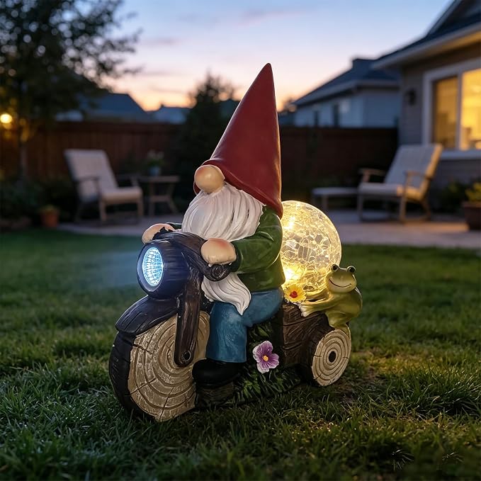 Solar Powered Garden Gnome on Motorcycle with Frog and Crackle Glass Globe, Outdoor LED Light Decor for Patio, Lawn, Yard, and Garden (Red)