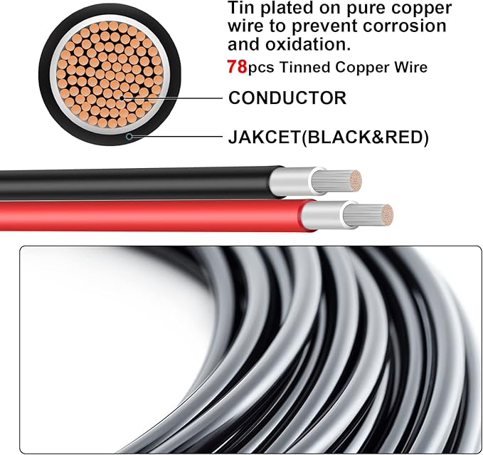 10 Gauge Battery Cable, 10 Gauge Wire Connect Charge Controller to Battery Cable, for Solar Panels Automotives RVs Motorcycles Boats (10AWG 16FT)