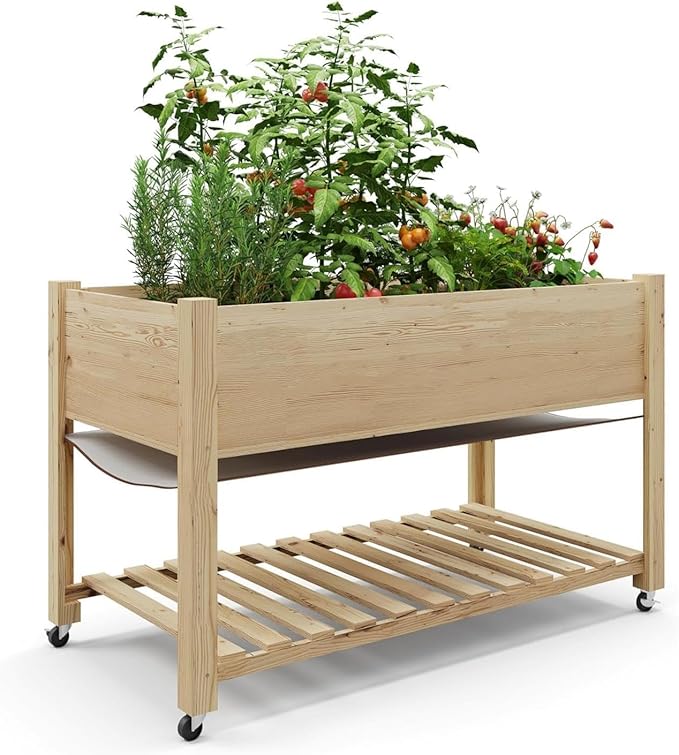 CABIHOME 48x24x32 in Mobile Elevated Raised Garden Bed, Wood Planter with Lockable Wheels, Storage Shelf & Protective Liner for Indoor/Outdoor Gardening, Natural
