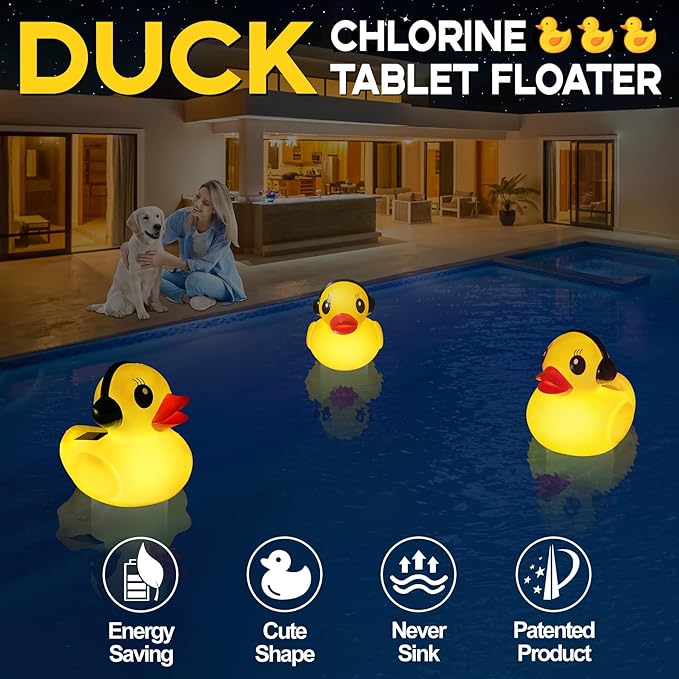 Pool Chlorine Floater with Light,Duck Chlorines Floaters with Adjustable Flow,Solar Chlorine Floater,Floating chlorines Dispenser for Pool,Hot Tub chlorines Floaters, Yellow