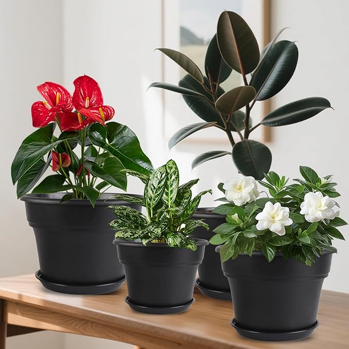 Myfeegoin 16-inch-Plant-Pots, 4 Pack Large Planters for Outdoor Plants, Plastic Flower Pots Indoor with Drainage Holes & Trays, Classic Garden Pot Container for House