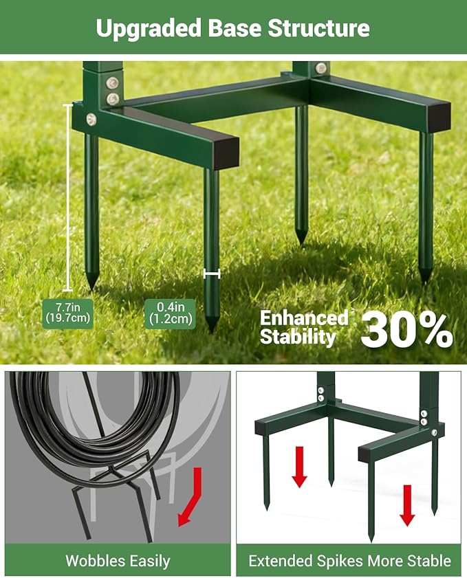 HZE Garden Hose Holder, Freestanding Water Hose Holder Stand for Outside, Heavy Duty Detachable Metal Garden Tube Storage Hanger Rack Holds 160 FT for Yard Lawn Farm, Green