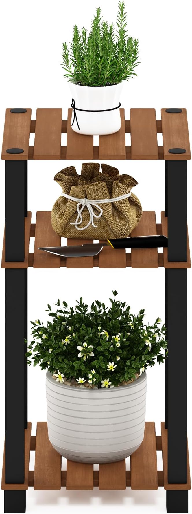 Furinno Pangkor 3-Tier Turn-N-Tube Indoor Outdoor Plant Shelf Wood Side Table with Square Poles, Natural/Black