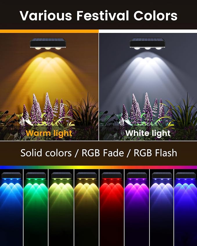 JOFIOS Solar Fence Lights Outdoor Waterproof Led, 1300mAh,16pack,6 inch Solar Lights for Fence with Warm White & RGB 8 Colors,Outdoor Solar Lights for Patio, Backyard, Deck, Railing (Black)