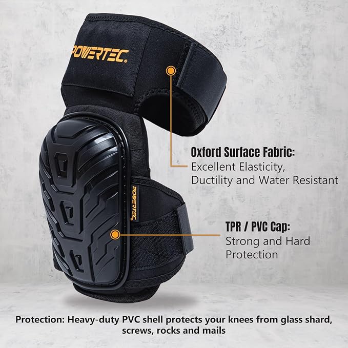 POWERTEC Safety Knee Pads for Men and Women Knee Support with Adjustable Thigh Straps Heavy Duty Shell Soft Foam and Thick Gel Cushion for Work, Construction, Flooring, Roofing (71879V)