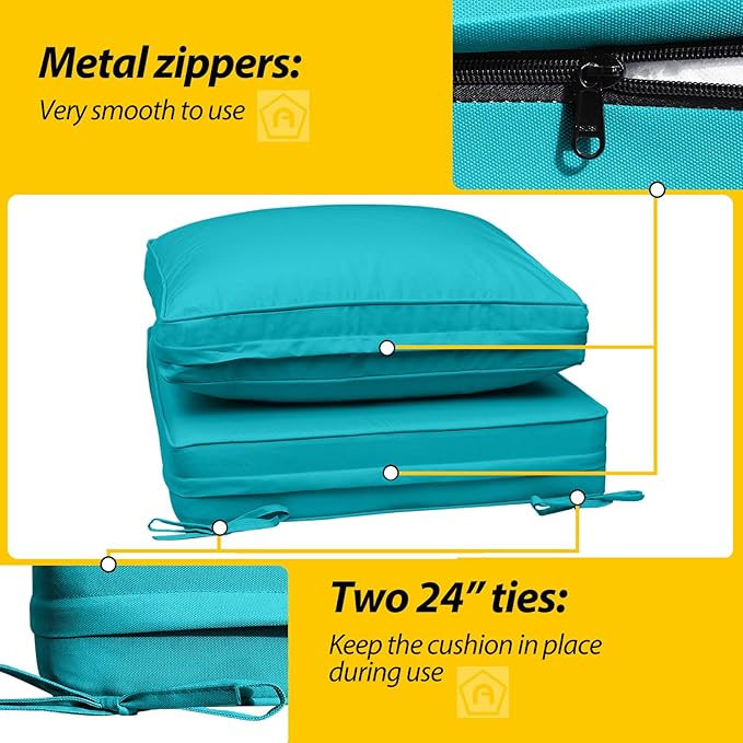 AAAAAcessories Outdoor Deep Seat Cushions with Double Welted Pillow, Waterproof, Fade-Resistant Patio Furniture Replacement Cushions, 25.5" x 25.5" x 5" + 25.5" x 19", Turquoise Blue