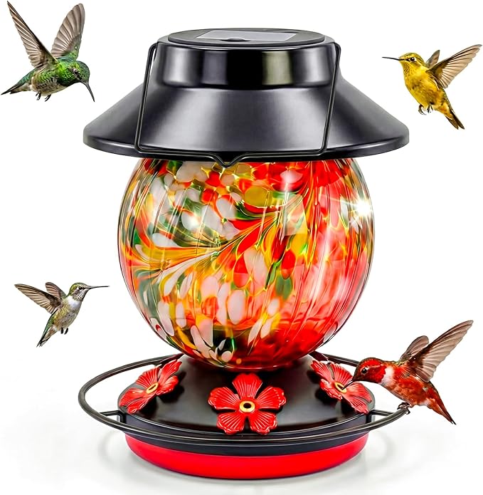 Solar Hummingbird Feeder for Outdoors 24oz Solar Powered Hummingbird Feeder Hand Blown Glass 7 Color Changing for Outdoors Garden Hanging Water-Proof Leak Proof Wild Bird Feeders Gifts for Women Mom