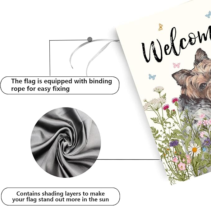 Floral Yorkie Garden Flag Spring Summer House Flags 28 x 40 Double Sided Flower Dog Yard Flags for Outside Large Outdoor Welcome Flags