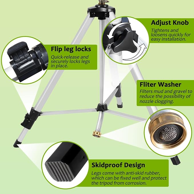 Heavy Duty Impact Sprinkler on Tripod Base,36 Inch Tripod Sprinkler with Brass Nozzle for Yard Large Area,Extra Tall 360 Degree Rotating,Waters Up to 80 Ft,Legs Extend Up to 36"