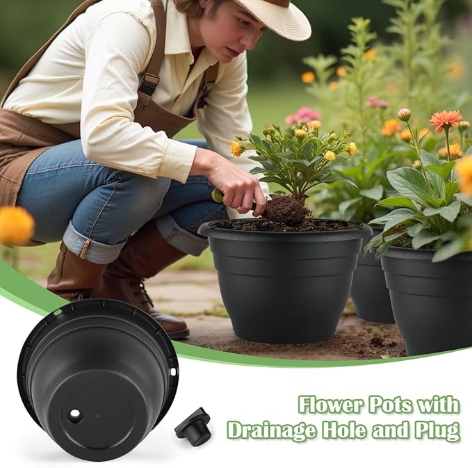 RooTrimmer 3 Pack 11 Inch Plant Pots for Indoor Outdoor,Plastic Floor Planters with Drainage Holes,Lightweight Durable Flower Pots for Home,Patio & Garden(Black)