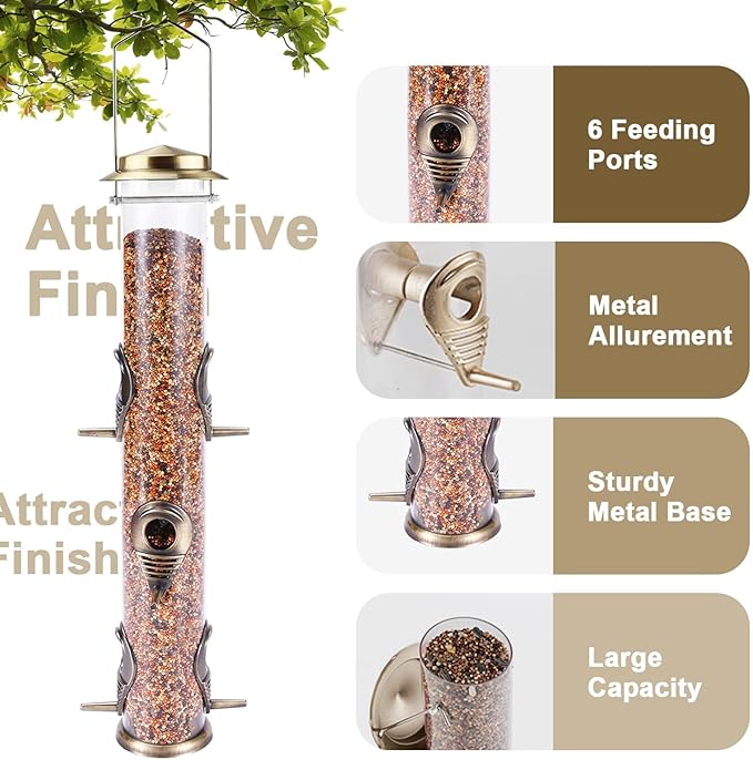 MIXXIDEA 1PK Metal Bird Feeders with 6 Feeding Ports,Tube Bird Feeder with Steel Hanger,Hard Plastic Wild Bird Feeder for Outdoors Hanging, Attracting Birds in Your Lawn, Garden, Balcony–Bronze