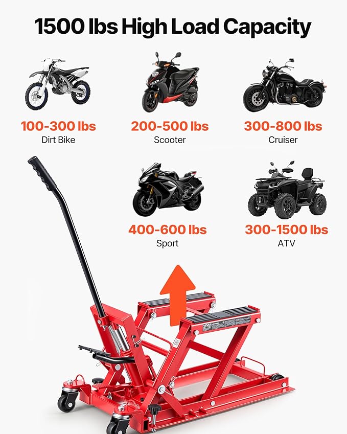 VEVOR Hydraulic Motorcycle Lift Jack, 1500 lbs Capacity, ATV Lift Jack Portable Motorcycle Hoist Stand with 4 Wheels, 4.5"-15.2" Height Range, Hydraulic Foot-Operated Hoist Stand for ATVs, Dirt Bikes