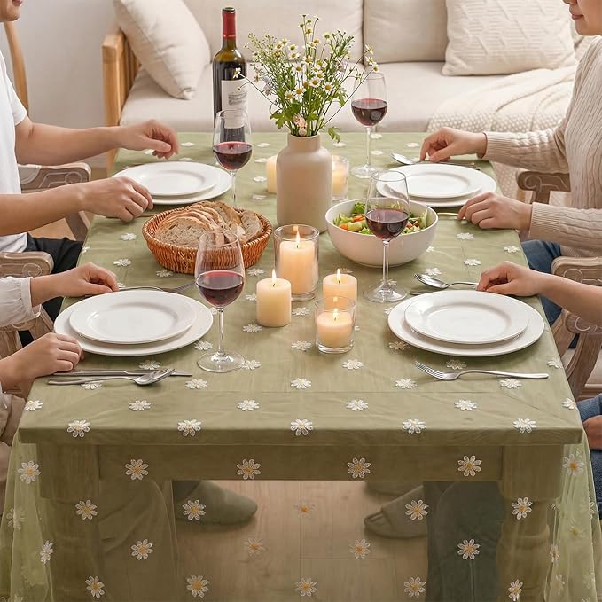 Horaldaily Sage Green Embroidery Daisy Spring Summer Gauze Tablecloth 60×120 Inch Rectangular, Seasonal Tulle Table Cover, Garden Party Decorations for Wedding, Party, Holiday Dining