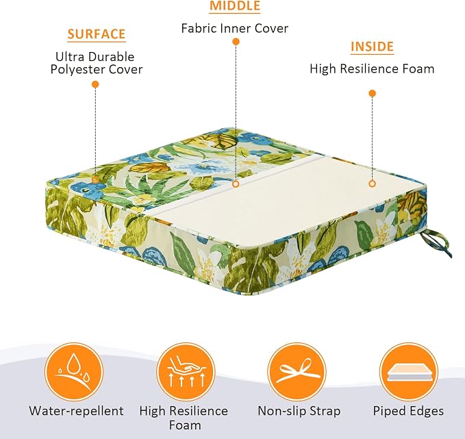 Unimatta Square Corner Seat Cushions, 19" x 19" x 3", Set of 4, Indoor Outdoor Water Repellent Universal Chair Pads with Ties for Patio Furniture, Garden Dining Chairs, Blue Flower