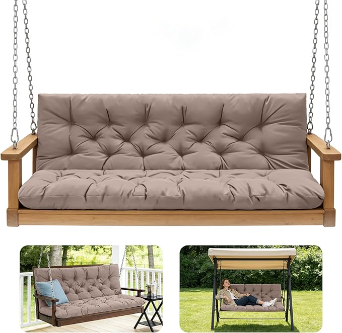 Porch Swing Cushions,Outdoor Cushions 3 Seater Replacement with Backrest, Waterproof Thickened Bench Cushion with Ties for Porch, Patio,Outdoor, Backyard and Garden (Khaki 47 * 40 in)