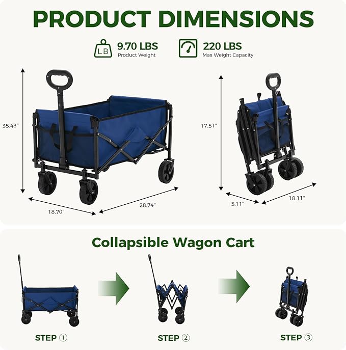 DUMOS Collapsible Wagon Cart, Heavy Duty Foldable Utility Wagon with Wheels – 220 lbs Capacity, Flexible Handle for Beach, Garden, Sports, Grocery & Camping, Blue