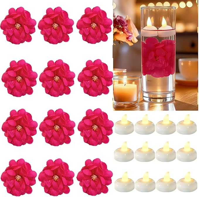 24 Pack Flameless Led Floating Candles and Floating Artificial Flower Battery Operated Waterproof Tea Lights for Cylinder Vases Centerpieces at Wedding, Party, Pool Decor Rosered