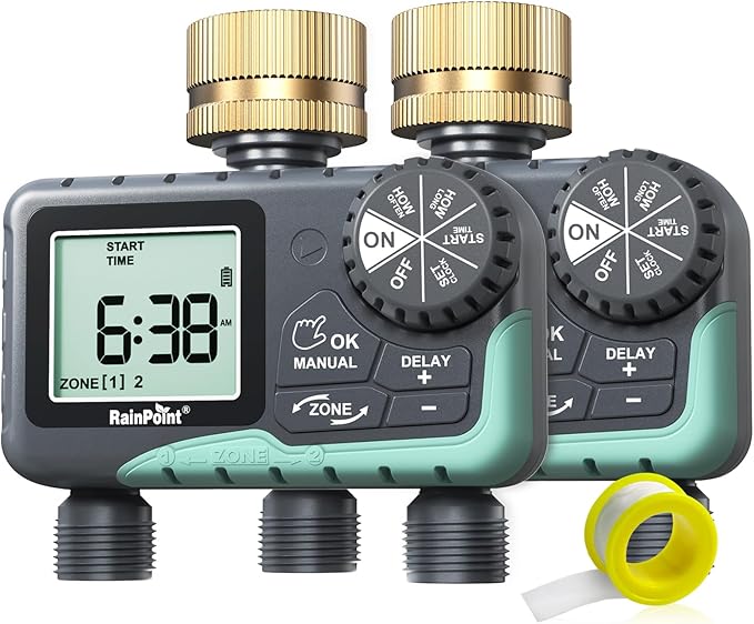 RAINPOINT Sprinkler Timer for Garden Hose - 2 Pack Brass Intel Hose Timer Rain Delay/Manual Watering/Automatic Irrigation for Yard Lawn