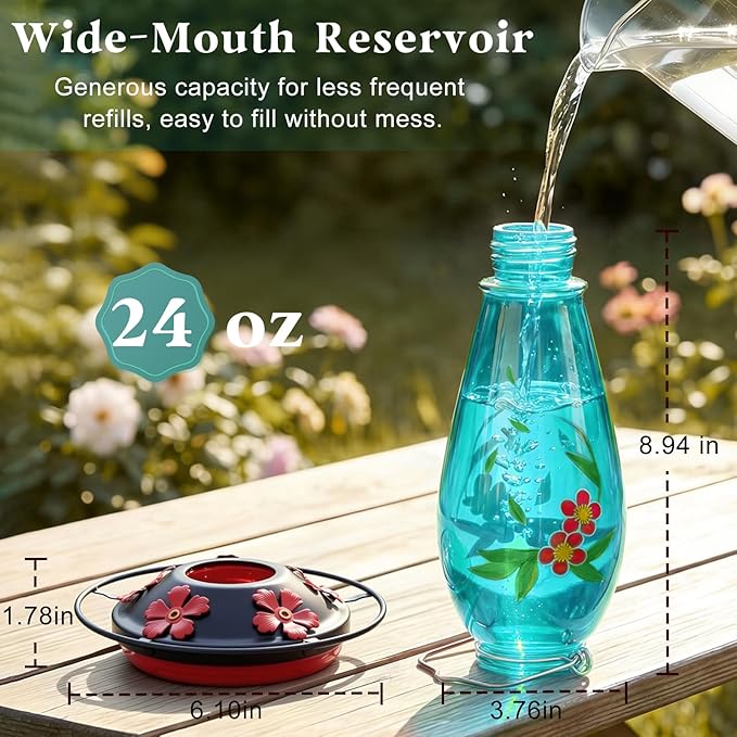24 OZ Hummingbird Feeder for Outdoors Hanging, Heavy-Duty Thick Glass Bird Feeder with Floral Decals, Leak-Resistant Metal Base with 5 Feeding Ports & Perch, Decorative Garden Decor(Blue)
