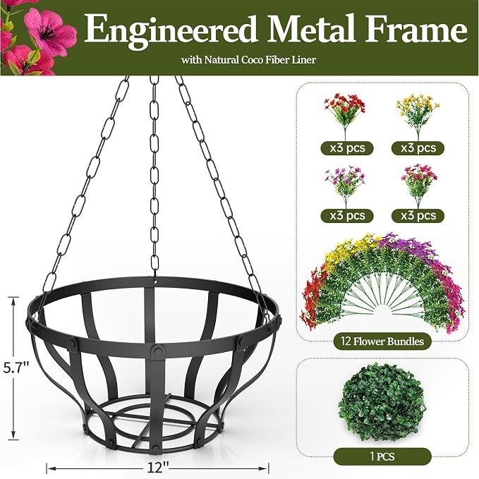VOXOR Artificial Hanging Flowers with Hanging Baskets for Outdoors, 12 Inch Metal Hanging Planter with 12 Bundles UV Resistant Fake Flowers, Faux Hanging Plants for Porch Patio Garden Balcony Decor