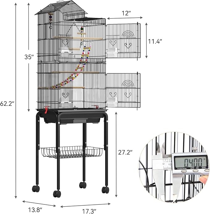 YITAHOME 62 inch Metal Bird Cage, Large Parakeet Cages | Bird Cage for Parrot, Cockatiel, Lovebird, Pigeon with Roof Top, Rolling Stand and Hanging Accessories