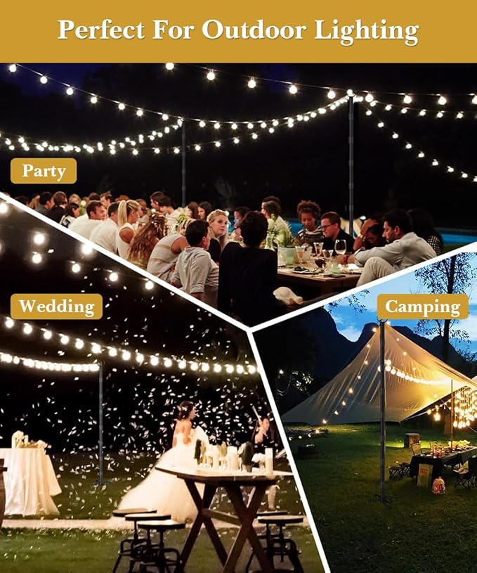 10Ft String Light Poles for Hard Surfaces, Outdoor Light Stand for Backyard, Garden & Patio Party Lighting, Heavy-Duty Metal Poles with Waterproof Finish, Rustproof & Adjustable, 2 Pack