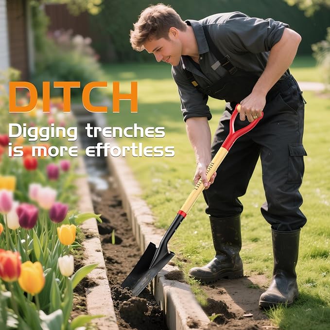 HIGHLIGHT 45-Inch Spade Shovel for Digging, Heavy Duty Transplanting & Drain Spade with Steel D-Grip and Wooden Handle, Lightweight Sharp Shooter Trench Shovel for Gardening