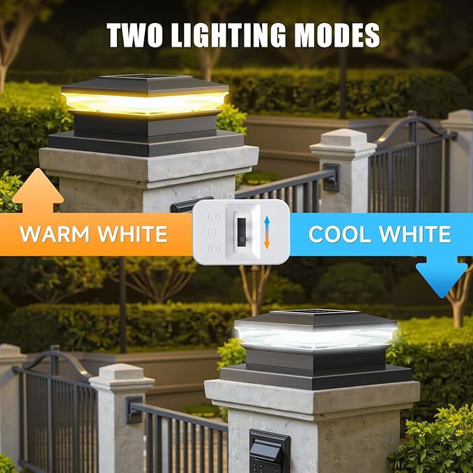 Solar Post Cap Lights,Fence Post Solar Lights 8 Pack, Waterproof Outdoor Light for Garden Deck Patio, Black Deck Posts Light with 2 Color Modes,For 4x4 5x5 6x6 Wooden/Vinyl/Aluminium Posts