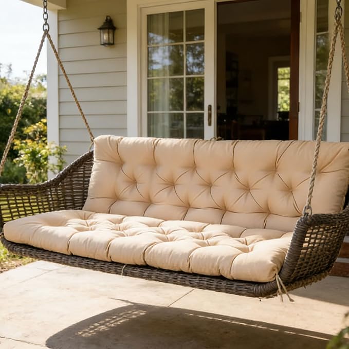 Porch Swing Cushions 60 Inch,Waterproof Patio 2 3 Seater Replacement for Outdoor Furniture with Backrest&Strap,Thick 4" Swing Seat Cushion for Loveseat Garden Glider Bench Lawn Backyard,Khaki