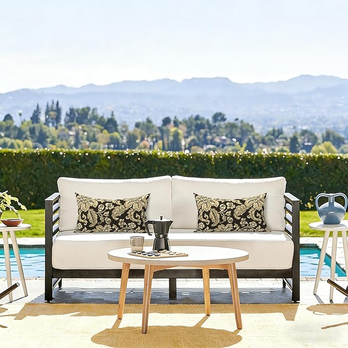 LVTXIII Set of 2 Patio Lumbar Pillows, 12" x 20" Fade Resistant Outdoor Lumbar Pillow with Inners, Fluffy Decorative Garden Lumbar Cushions for Home Patio Coach Sofa Use, Jacobean Black