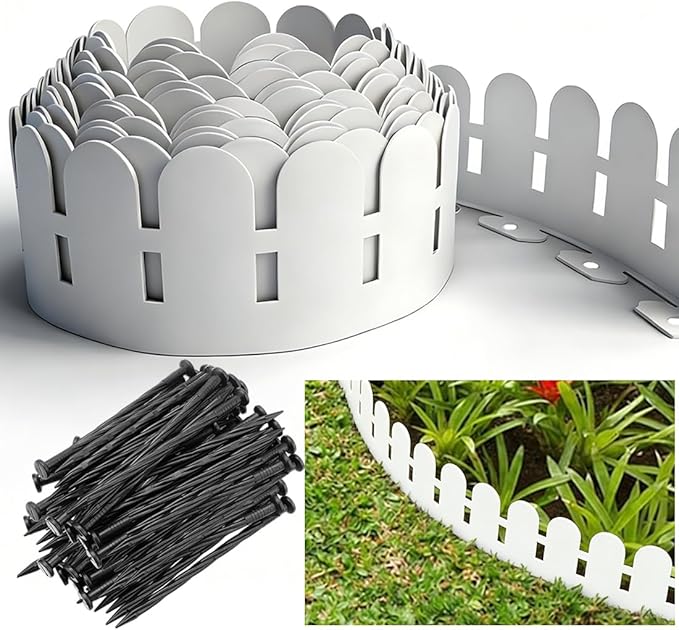 Landscape Edging 5.5IN x 49FT, Garden Edging Plastic Garden Borders, Tool-Free Flexible Lawn Edging Kits with 75pcs Anchoring Spikes for Home Lawns, Yards, Flowerbeds, White