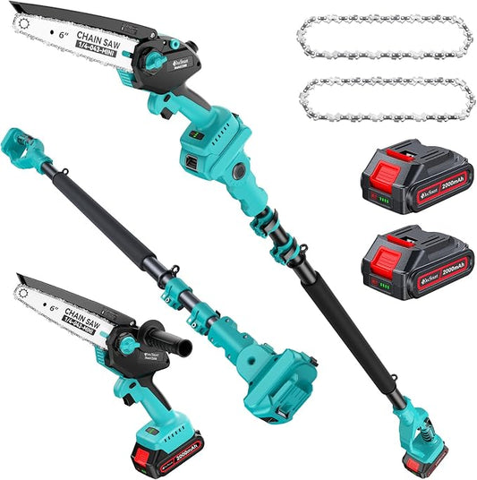 Pole Saws for Tree Trimming, 6" Brushless Mini Chainsaw Cordless with Extension Pole 2 Batteries, Electric Hand Held Chain Saw & Pole Pruner for Trimming Tree Limbs, Gardening Gifts for Men Dad