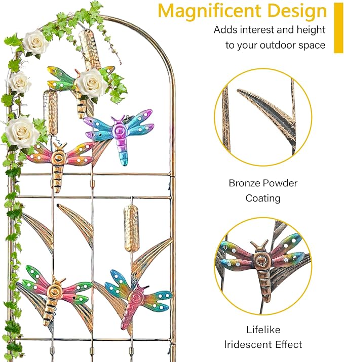 aboxoo Set of 2 Packs Dragonfly Metal Garden Trellis for Climbing Plants,Outdoor Decorative Flowers Arch Fence Trellis for Outdoor Patio,Garden,Lawn,Yard,Backyard,Wall Brackets,60'' H x 11'' W