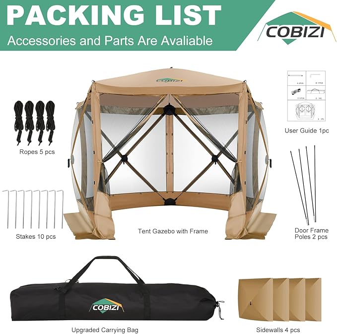 COBIZI 10x10 FT Pop up Gazebo, Popup Canopy Tent, Screened in Gazebos with sidewalls, Waterproof Portable Outdoor Small Screen Tents Sun Shelter,carpas para Patio for Camping,Garden,Backyard,Khaki