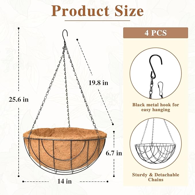 4 Pack Hanging Planter for Outdoor Plants 14 inch Metal Hanging Flower Basket with Coco Coir Liner Round Wire Plant Holder Chain Flower Pots Outdoor Garden Decoration Watering Hanging Baskets（DQ）