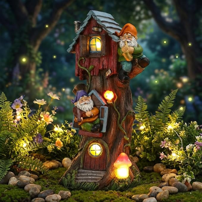 TERESA'S COLLECTIONS 11" Tall Large Garden Statues Gnome Treehouse with Solar Outdoor Light, Dad Gifts for Men,Resin Garden Decor Lawn Ornaments for Patio Yard Decor Gifts for Mom