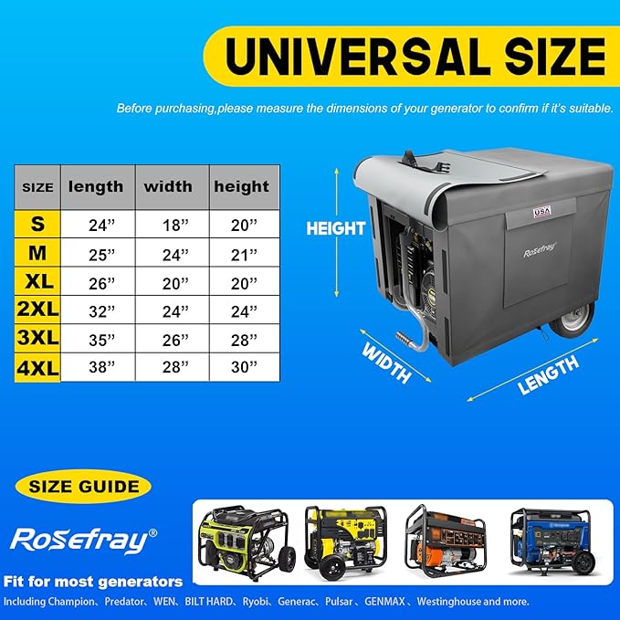 Rosefray Generator Cover-38”Lx28”Wx30”H,600D Heavy Duty Waterproof, Small Outside Equipment Cover for Champion,Predator,WEN,Ryobi,Generac,Westinghouse Portable Generator 5500-15000W-Gray4XL