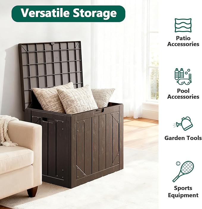 Outdoor Storage Box, 31 Gallon Lockable Waterproof Deck Storage Box, Yard Storage Bin, Suitable for Gardens, Brown
