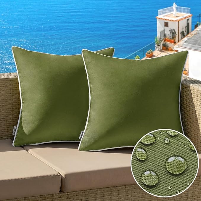 MIULEE Pack of 2 Waterproof Decorative Farmhouse Throw Pillow Covers - Square Solid Color Couch Pillow Covers - Spring for Patio Tent Bed Sofa Living Room - 20x20 Inch Moss Green