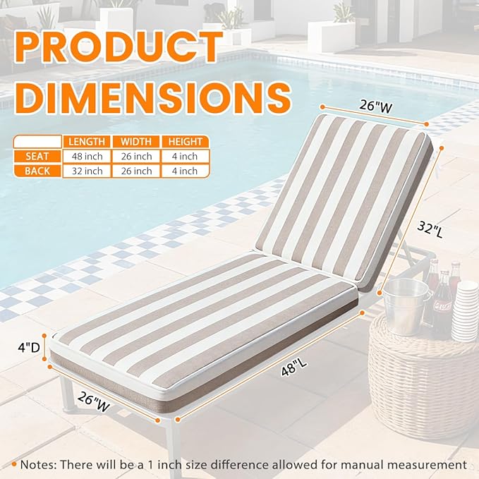 Sundale Outdoor Olefin Chaise Lounge Cushion Set of 2, Water-Resistant Patio Lounge Chair Cushion, Thick Lounger Pad with 4 Straps Cabana Stripe Tan, 80 x 26 x 4 Inches